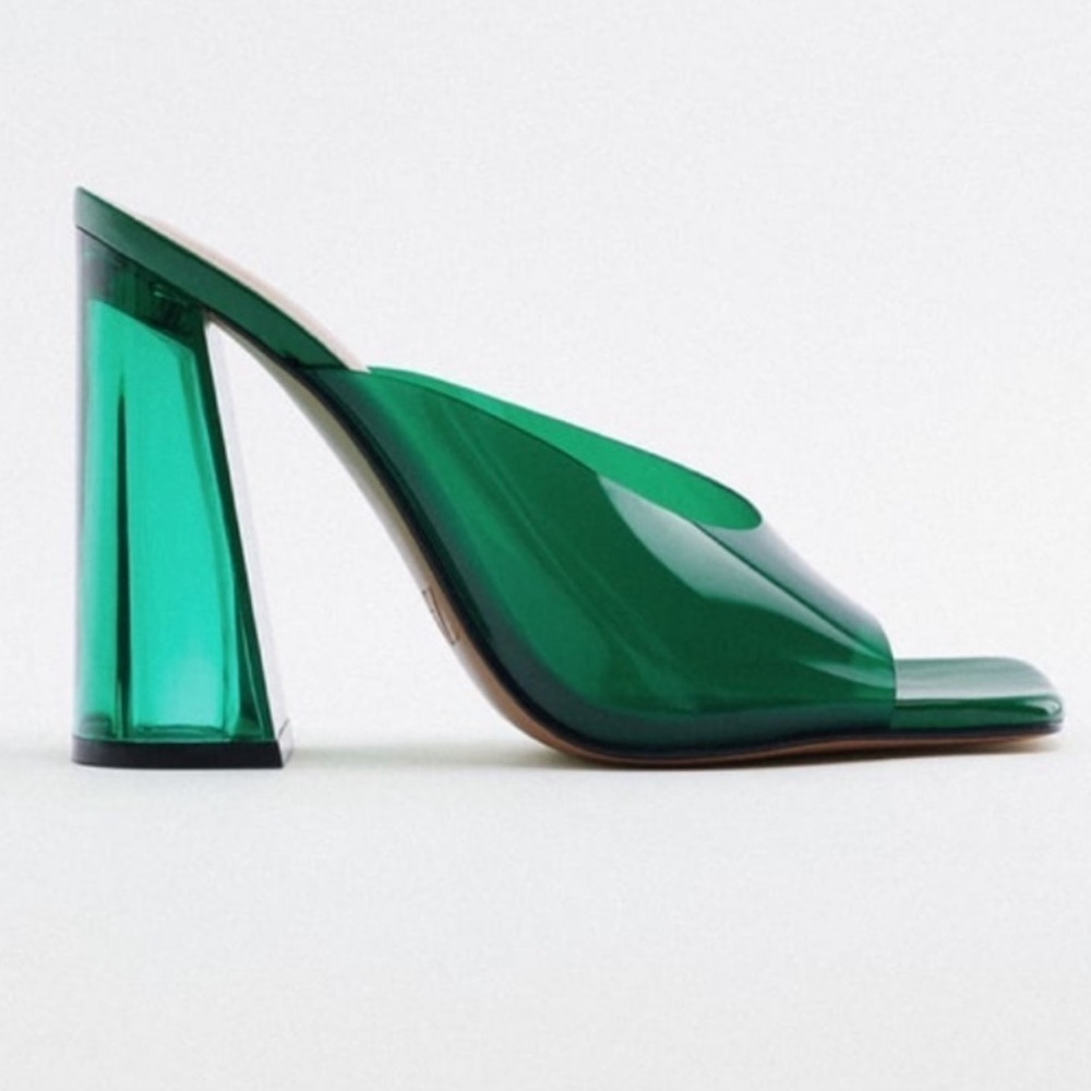 Zara Emerald Lucite Heel Sandals Clear Block Heel Square Toe 36 - Picture 3 of 15